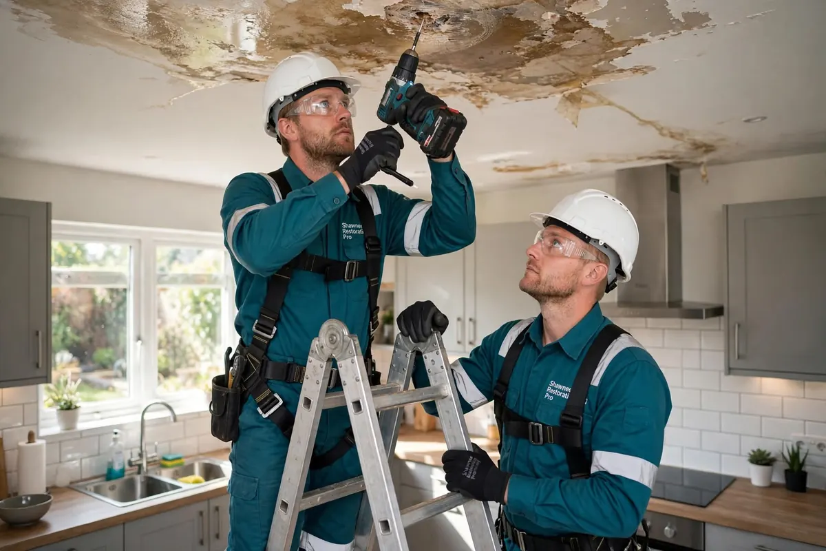 Workers inspecting a water-stained ceiling Two workers in hard hats and safety harnesses on a ladder, one drilling into a water-stained kitchen ceiling