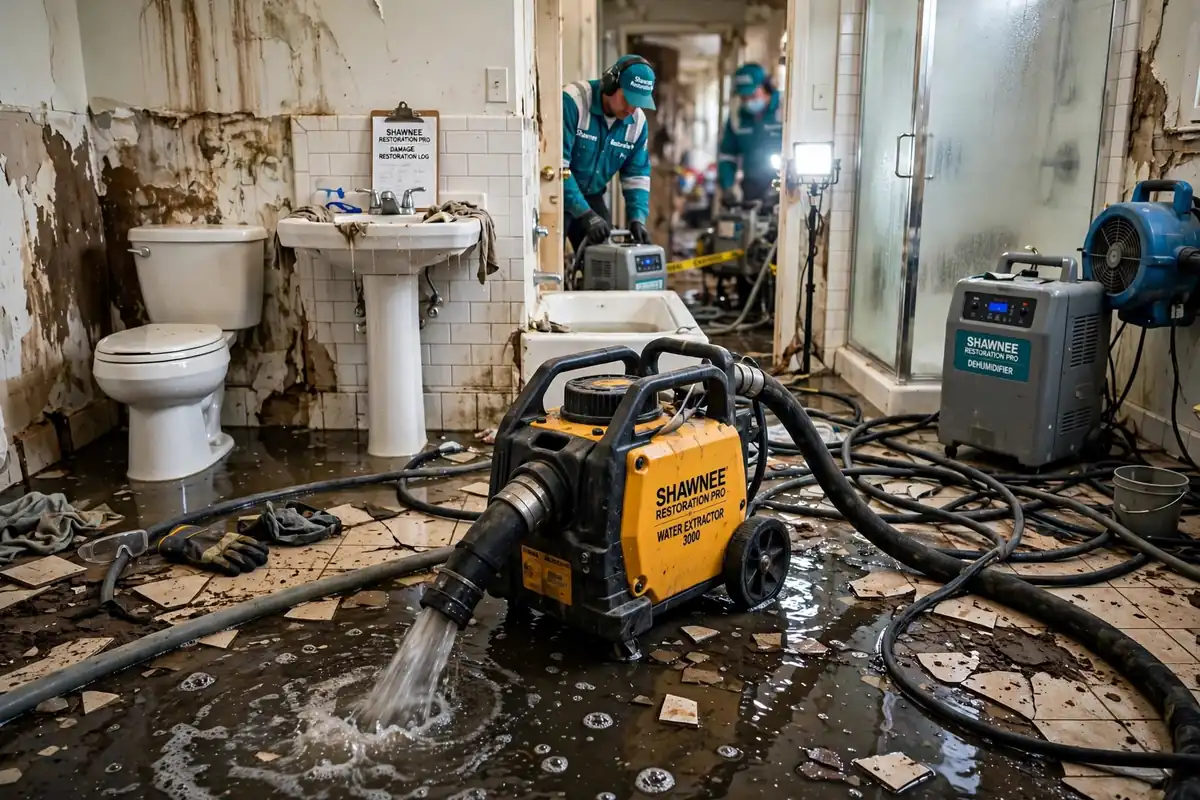 Water extractor running in a flooded bathroom Yellow water extractor with hoses on a flooded, debris-covered bathroom floor while two technicians work in the doorway