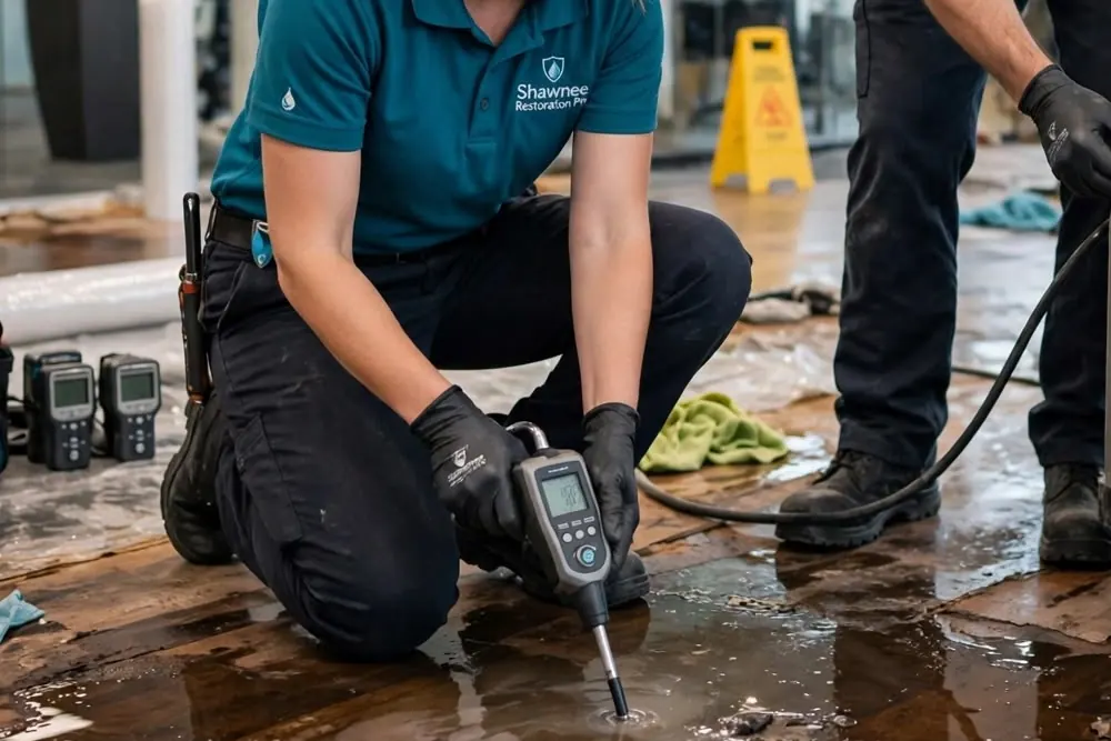 Moisture meter on a wet wood floor Technician pressing a moisture meter into a wet wood floor next to a wet-floor warning sign